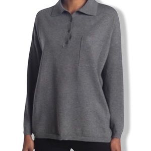 Polo Sweater, Roomy Boyfriend Style, Gray, Dropped Shoulder, Pocket, 4 Button